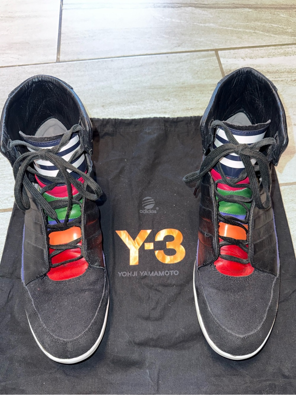 Adidas Y-3 YOHJI YAMAMOTO Black High-Top Sneakers with Multicolor Tongue panels